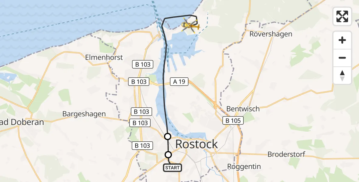 Flugroute Rettungshubschrauber Rostock - Rostock, 09 Juni 2026, 10:00