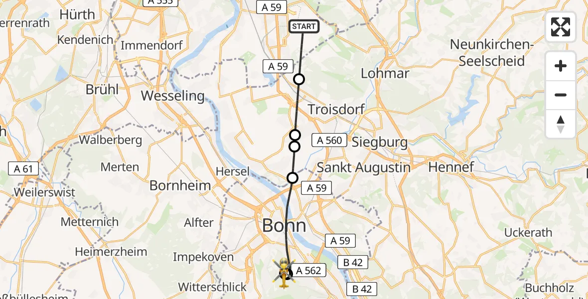 Flugroute Rettungshubschrauber Köln Bonn Flughafen - Bonn University Hospital, 09 Juni 2026, 10:01