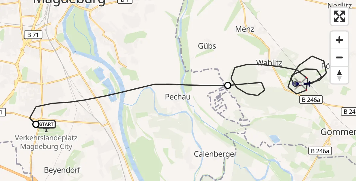 Flugroute Polizeihubschrauber Magdeburg City Flugplatz - Gommern, 09 Juni 2026, 10:03