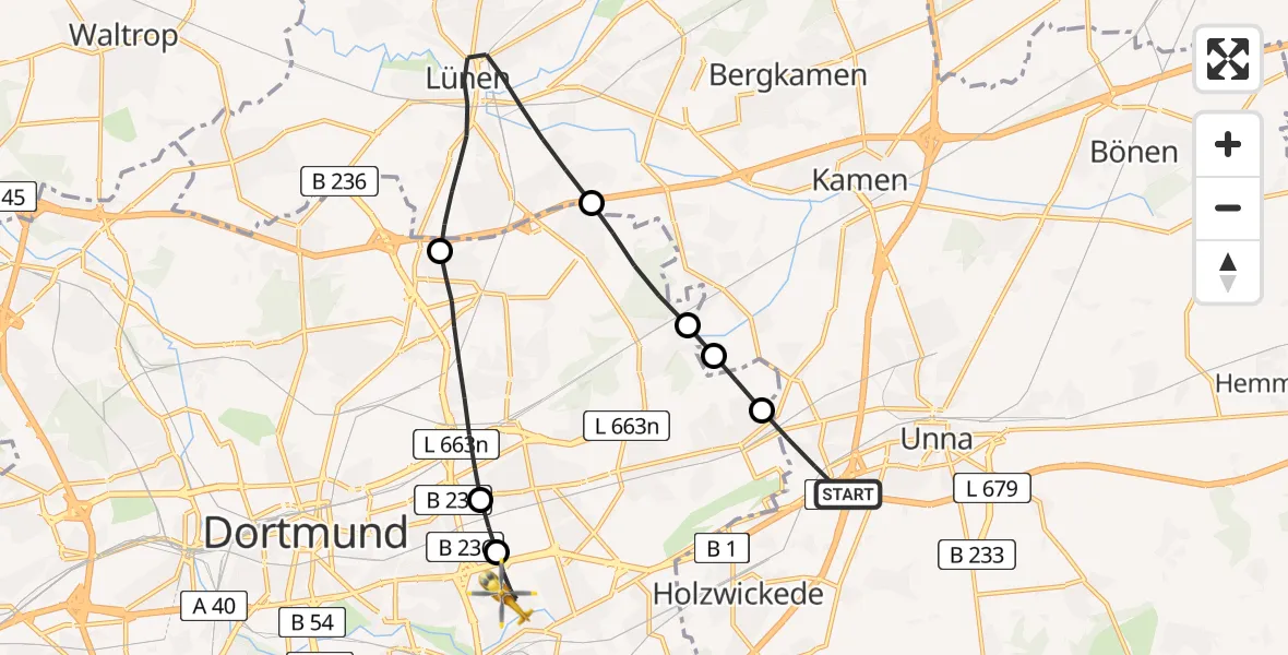 Flugroute Rettungshubschrauber Unna - Dortmund, 09 Juni 2026, 10:10