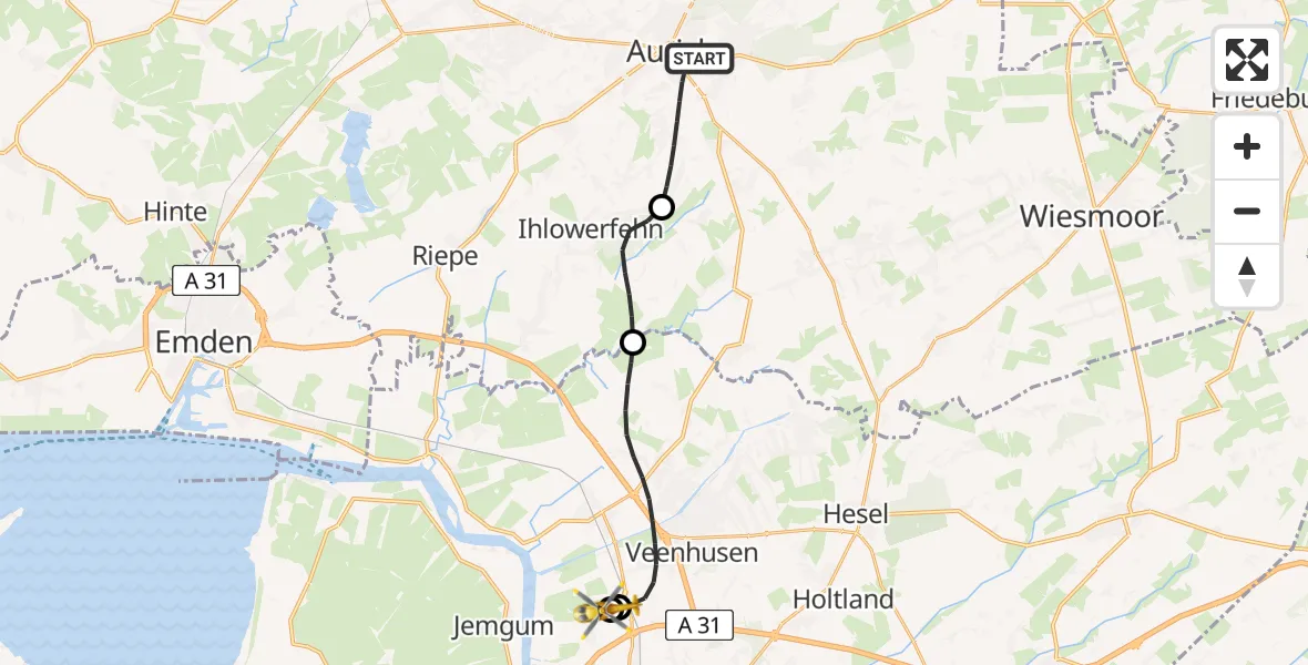 Flugroute Ambulanzhubschrauber Aurich - Flugplatz Leer-Papenburg, 09 Juni 2026, 10:12