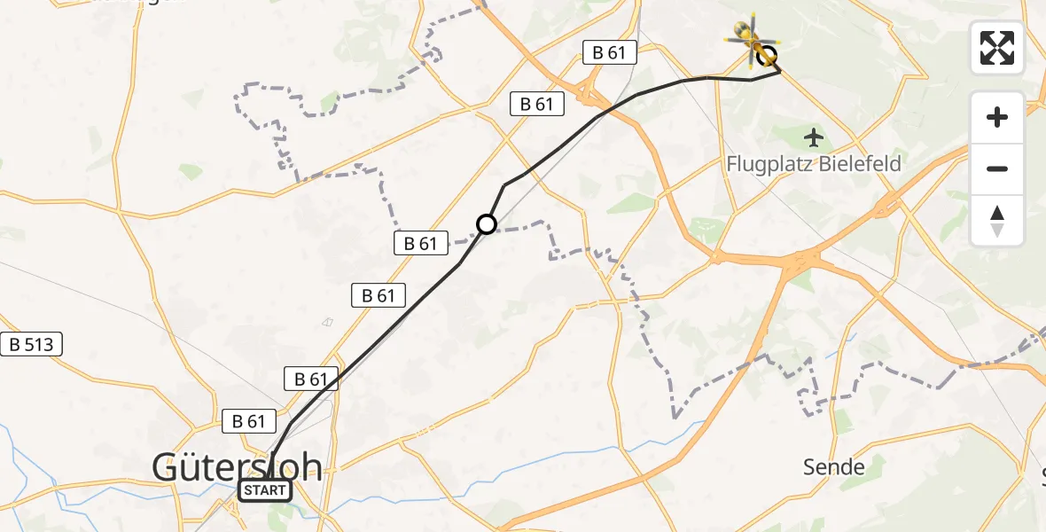Flugroute Rettungshubschrauber Gütersloh - Luftrettungszentrum Bielefeld, 09 Juni 2026, 10:13