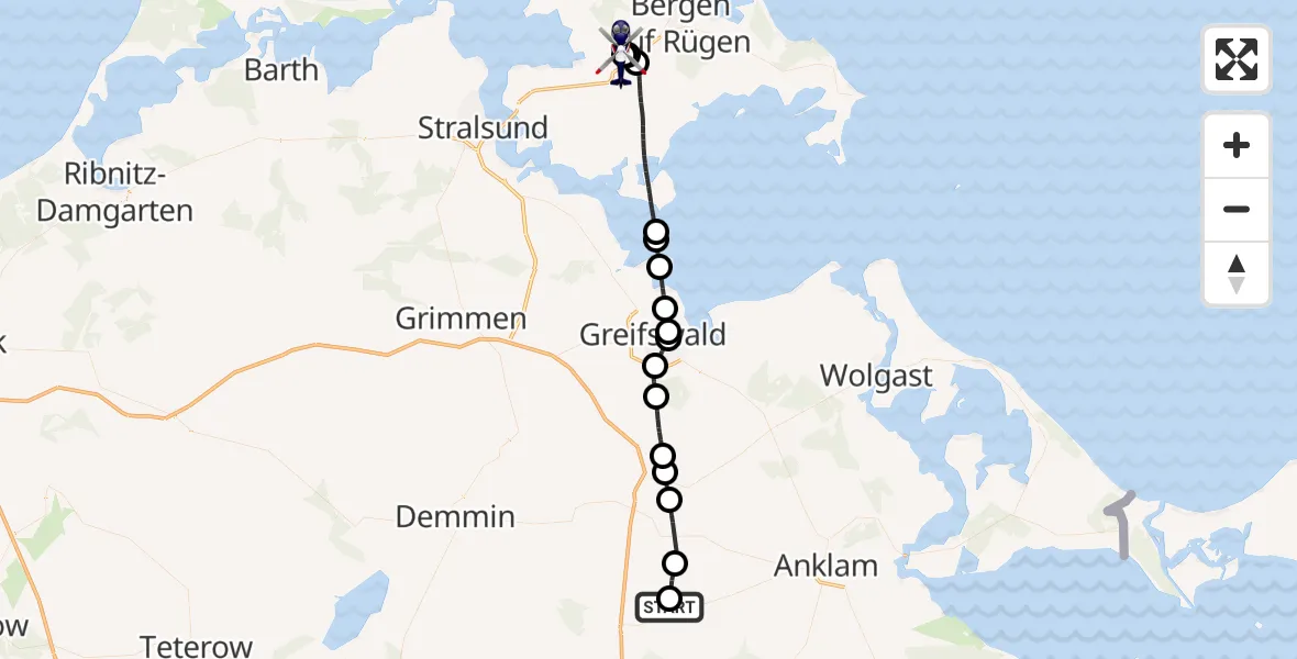 Flugroute Polizeihubschrauber Krien - Rügen Flughafen, 09 Juni 2026, 10:18