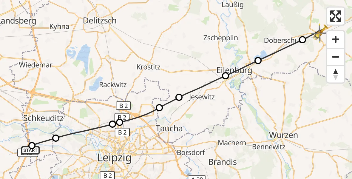 Flugroute Rettungshubschrauber ADAC Air Rescue Station Leipzig/Schkeuditz-Dölzig Hubschrauberlandeplatz (Christoph 61) - Mockrehna, 09 Juni 2026, 10:24
