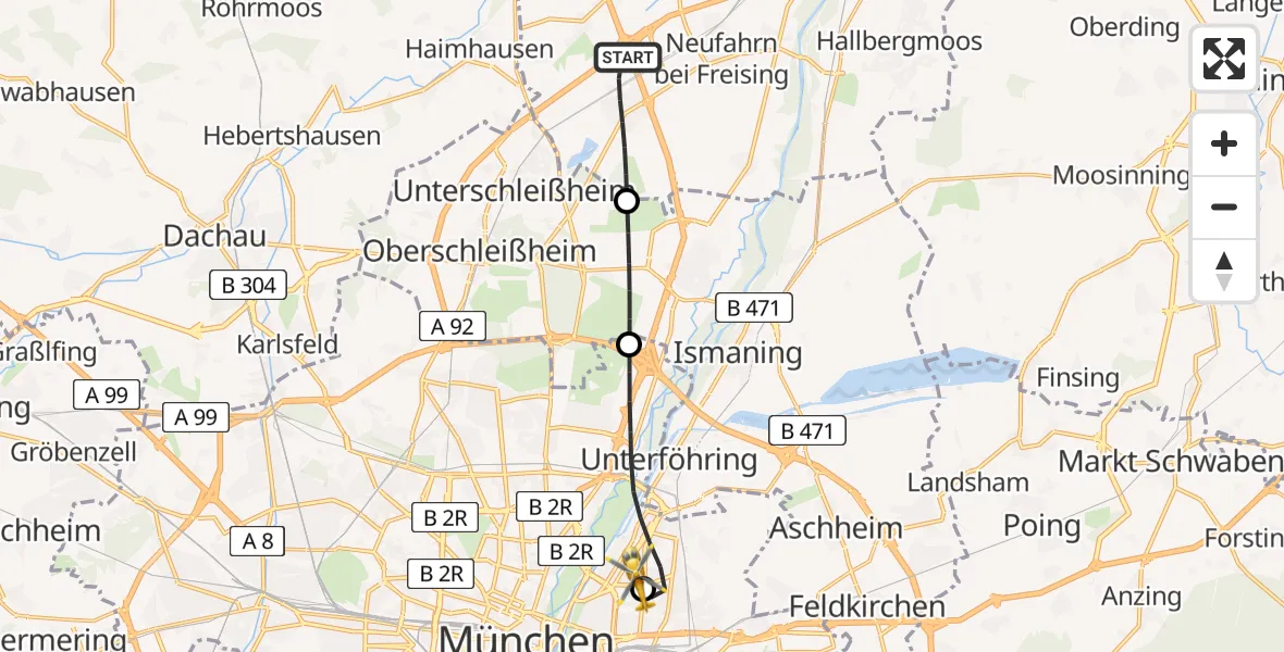 Flugroute Rettungshubschrauber Eching - München Bogenhausen Hospital, 09 Juni 2026, 10:28