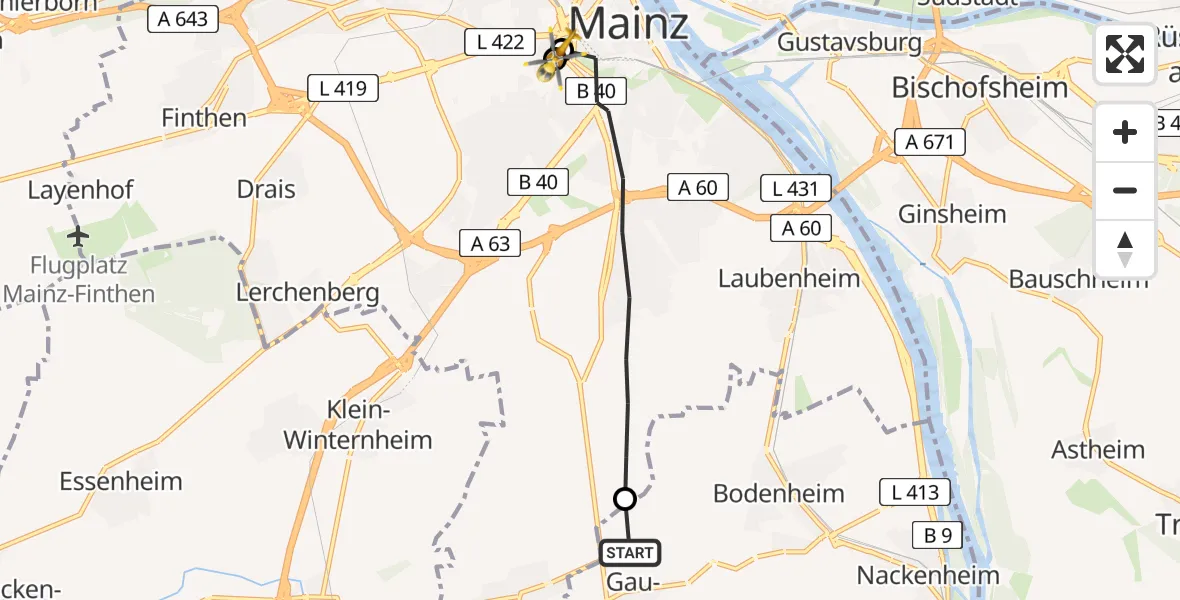 Flugroute Rettungshubschrauber Gau-Bischofsheim - Mainz University Hospital, 09 Juni 2026, 10:28