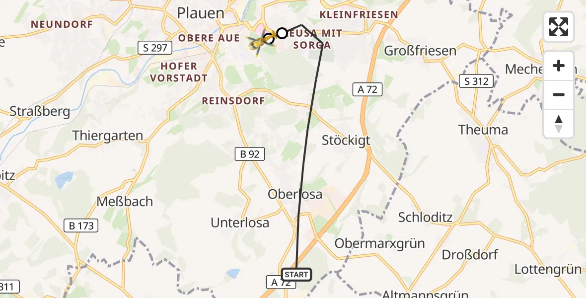 Flugroute Rettungshubschrauber Plauen - Helios Clinic Plauen, 09 Juni 2026, 10:36