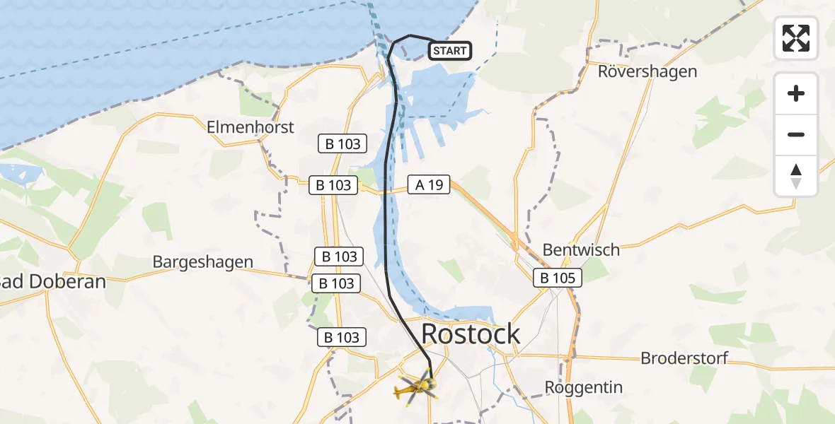 Flugroute Rettungshubschrauber Rostock - Rostock, 09 Juni 2026, 10:38