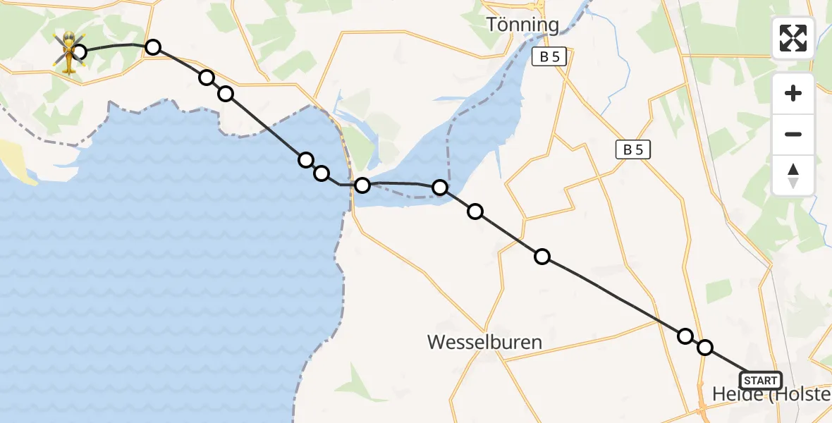 Flugroute Rettungshubschrauber Heide - Sankt Peter-Ording Flughafen, 09 Juni 2026, 10:42