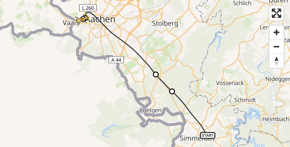 Flugroute Rettungshubschrauber Simmerath - Aachen Hospital, 09 Juni 2026, 10:44