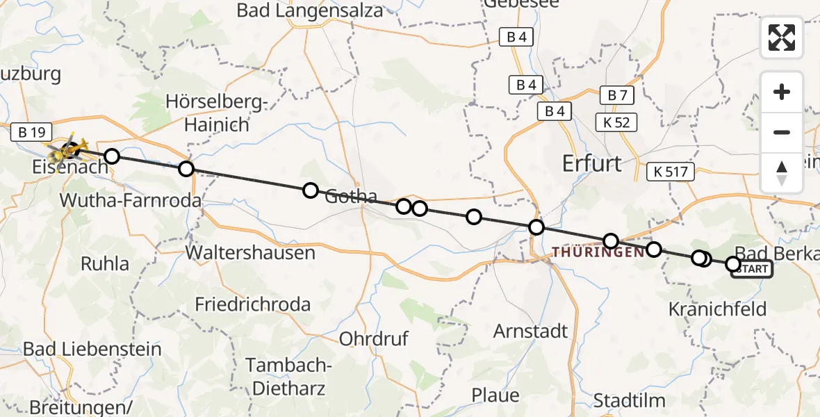 Flugroute Ambulanzhubschrauber Bad Berka - Sankt Georg Hospital Eisenach, 09 Juni 2026, 10:44
