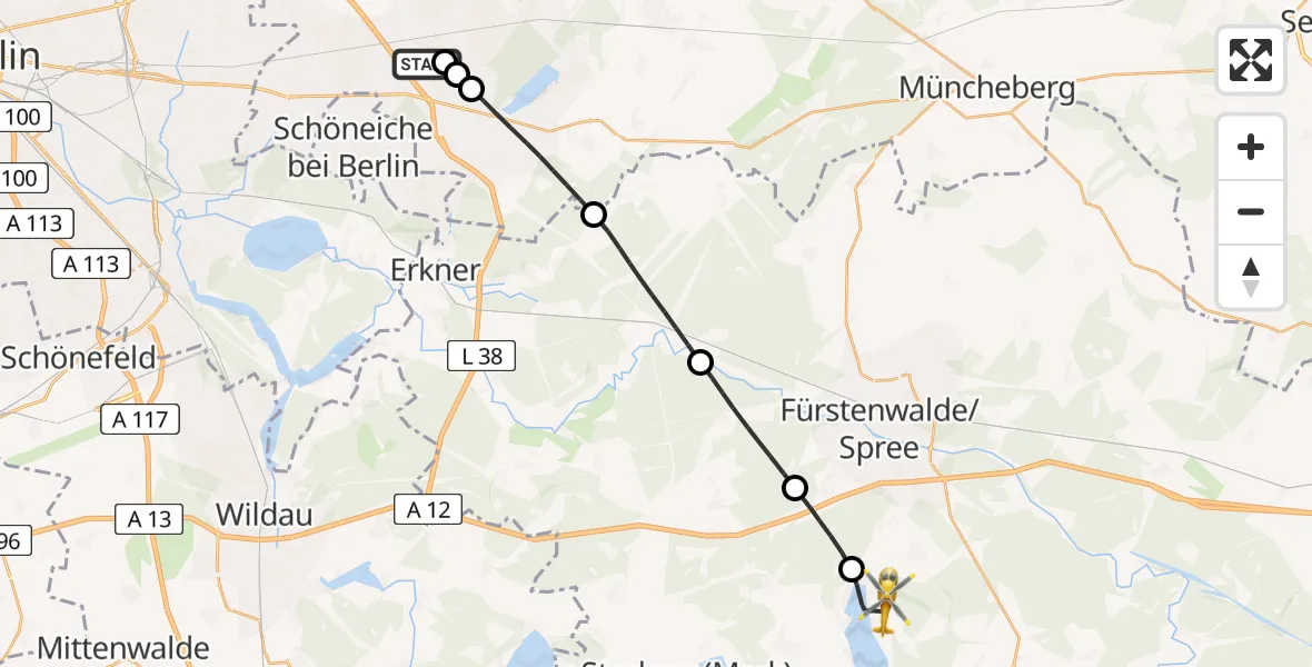 Flugroute Rettungshubschrauber Fredersdorf-Vogelsdorf - Bad Saarow, 09 Juni 2026, 10:46