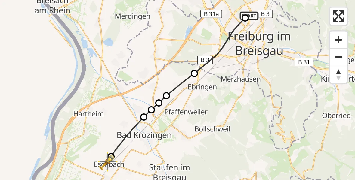 Flugroute Rettungshubschrauber Freiburg im Breisgau Flugplatz - Eschbach, 09 Juni 2026, 10:48