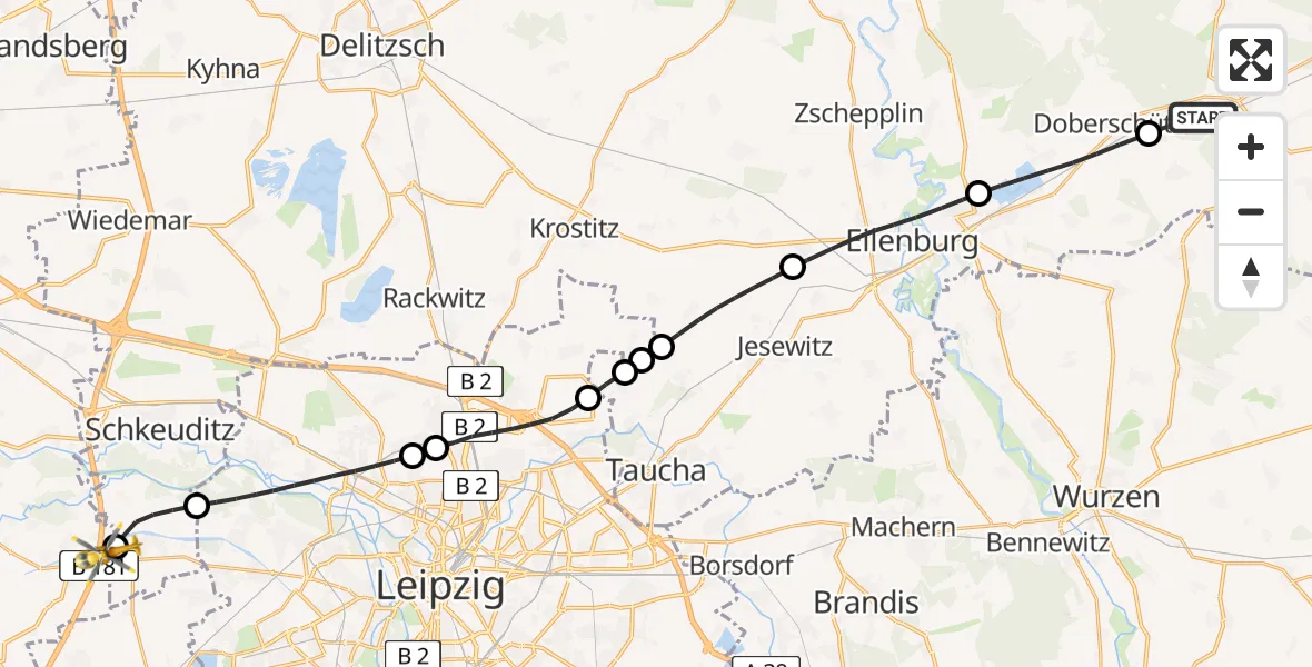 Flugroute Rettungshubschrauber Mockrehna - ADAC Air Rescue Station Leipzig/Schkeuditz-Dölzig Hubschrauberlandeplatz (Christoph 61), 09 Juni 2026, 10:56