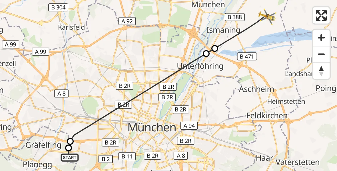 Flugroute Rettungshubschrauber DRF Air Rescue München Hubschrauberlandeplatz - Ismaning, 09 Juni 2026, 10:56