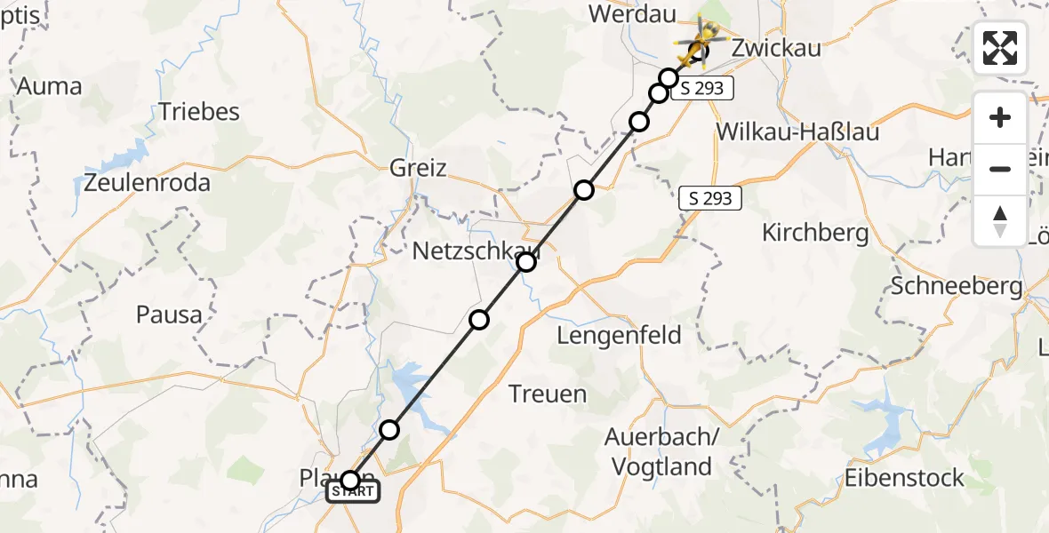 Flugroute Rettungshubschrauber Helios Clinic Plauen - ADAC Air Rescue Station Zwickau Hubschrauberlandeplatz, 09 Juni 2026, 10:58