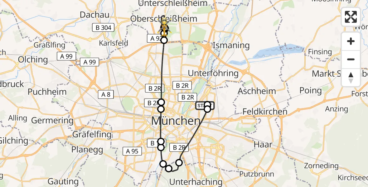 Flugroute Rettungshubschrauber München Bogenhausen Hospital - Oberschleißheim, 09 Juni 2026, 10:59