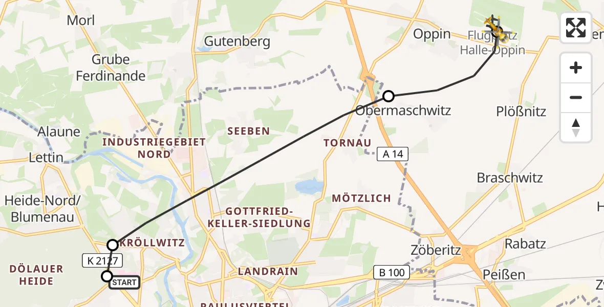 Flugroute Rettungshubschrauber Halle (Saale) University Hospital - Halle-Oppin Flugplatz, 09 Juni 2026, 11:05