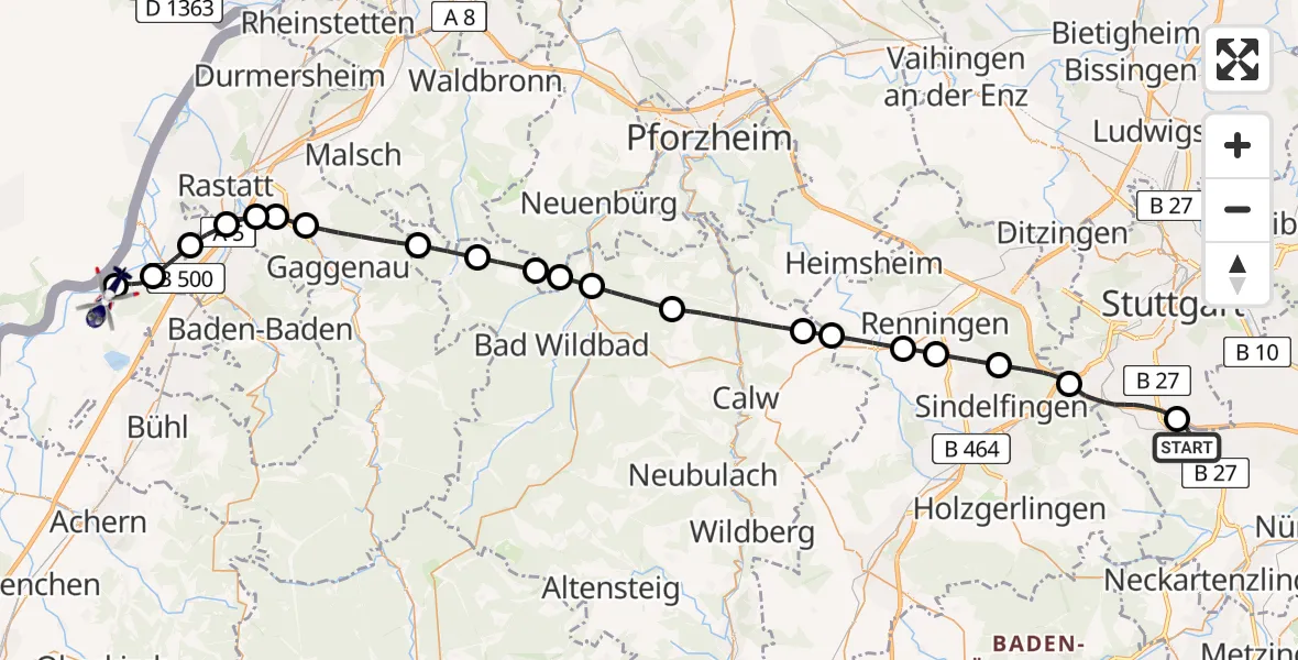 Flugroute Polizeihubschrauber Flughafen Stuttgart - Karlsruhe Baden-Baden Flughafen, 09 Juni 2026, 11:12
