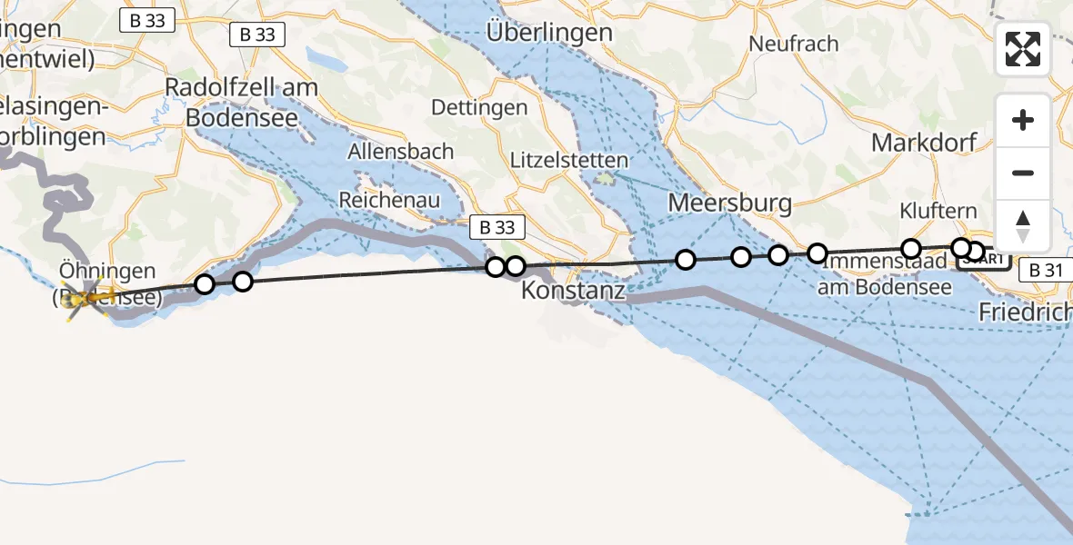 Flugroute Rettungshubschrauber Friedrichshafen Hospital - Öhningen, 09 Juni 2026, 11:12