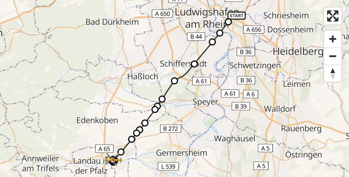 Flugroute Rettungshubschrauber Mannheim-City Flughafen - Bornheim, 09 Juni 2026, 11:19