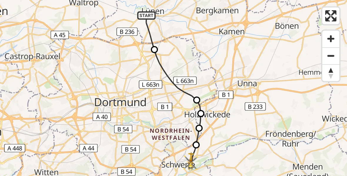 Flugroute Rettungshubschrauber Lünen - Schwerte, 09 Juni 2026, 11:23