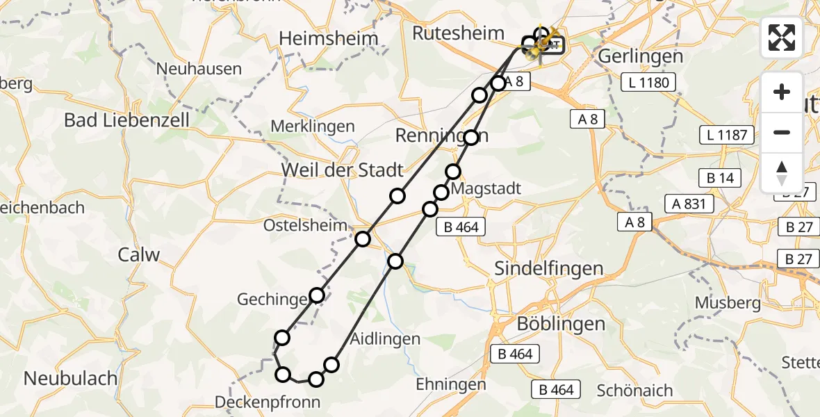 Flugroute Rettungshubschrauber Leonberg Hospital - Leonberg Hospital, 09 Juni 2026, 11:25