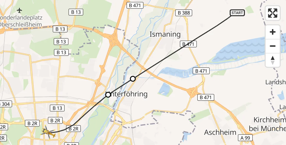 Flugroute Rettungshubschrauber Ismaning - München, 09 Juni 2026, 11:28