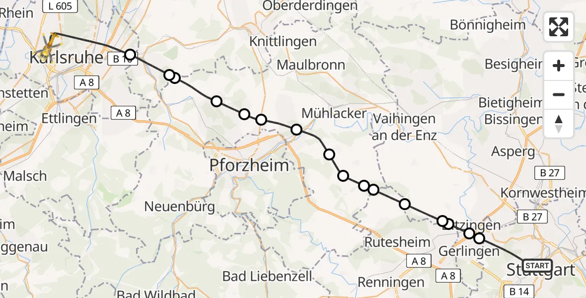 Flugroute Ambulanzhubschrauber Stuttgart - Karlsruhe, 09 Juni 2026, 11:31