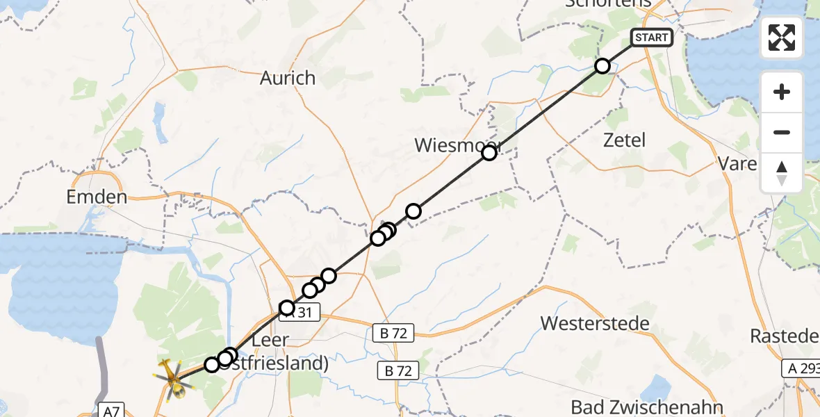Flugroute Rettungshubschrauber Sande - Weener, 09 Juni 2026, 11:37