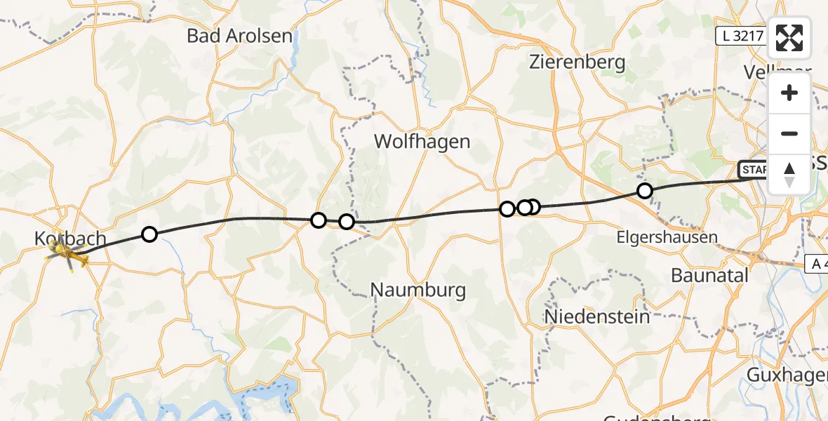 Flugroute Rettungshubschrauber Kassel - Korbach, 09 Juni 2026, 11:41