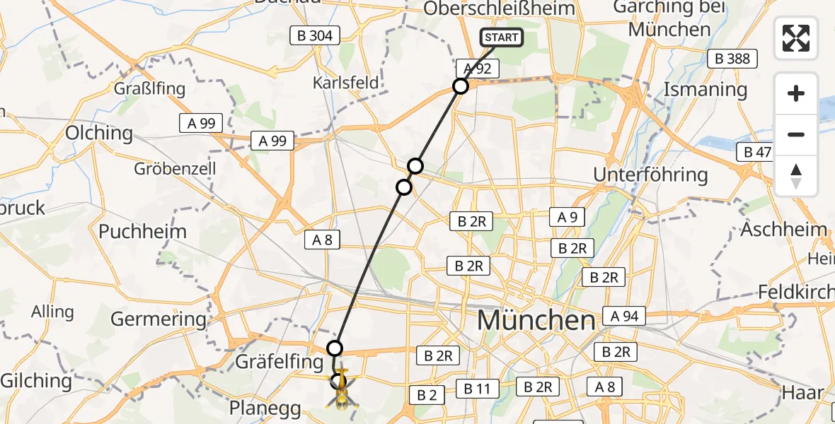 Flugroute Rettungshubschrauber Oberschleißheim - DRF Air Rescue München Hubschrauberlandeplatz, 09 Juni 2026, 11:44