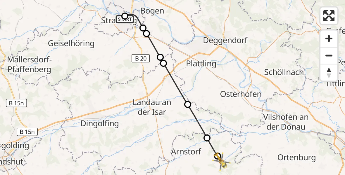 Flugroute Rettungshubschrauber Sankt Elisabeth Hospital Straubing - Johanniskirchen, 09 Juni 2026, 11:55