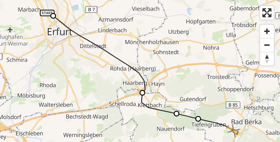 Flugroute Ambulanzhubschrauber Helios Clinic Erfurt - DRF Rettungsstation Bad Berka Hubschrauberlandeplatz, 09 Juni 2026, 12:00