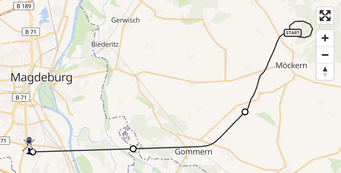 Flugroute Polizeihubschrauber Möckern - Magdeburg City Flugplatz, 09 Juni 2026, 12:01