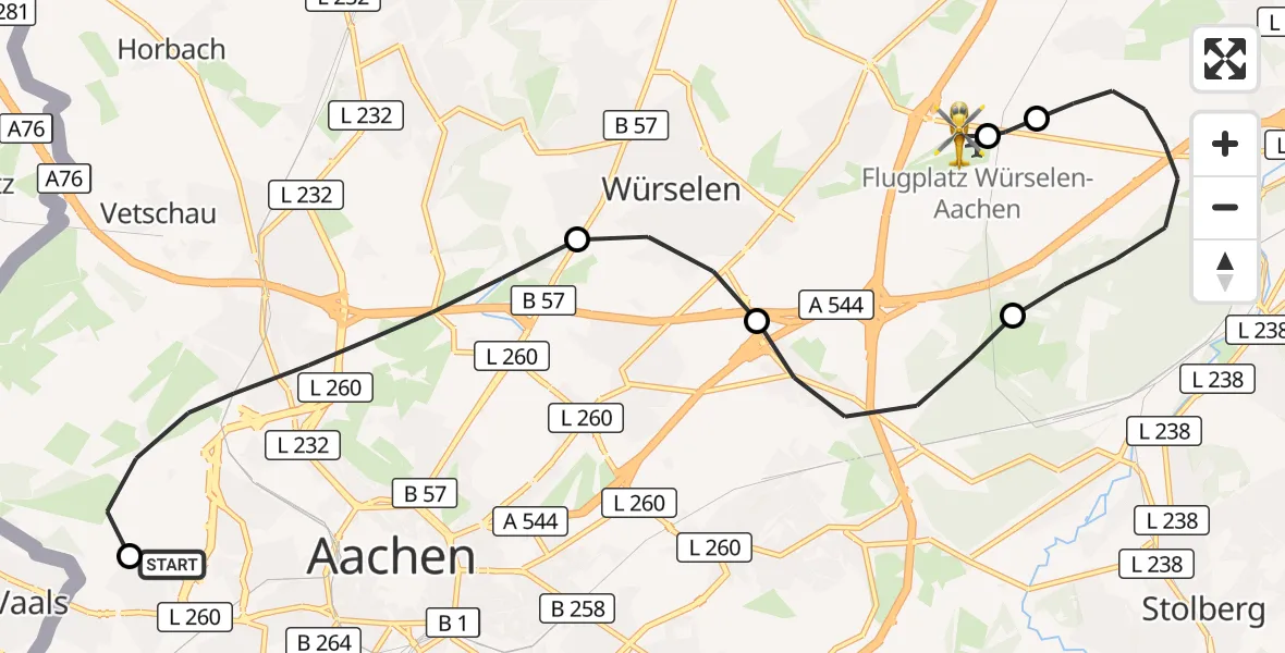 Flugroute Rettungshubschrauber Aachen Hospital - Aachen-Merzbrück Flughafen, 09 Juni 2026, 12:08