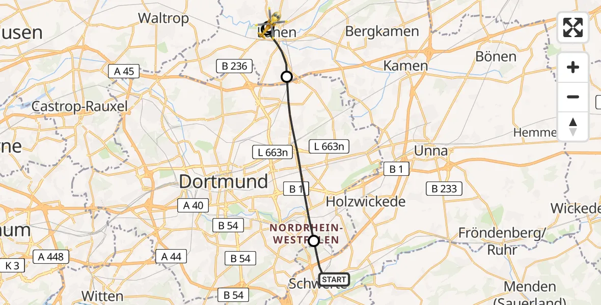 Flugroute Rettungshubschrauber Schwerte - Sankt Marien Hospital, 09 Juni 2026, 12:10