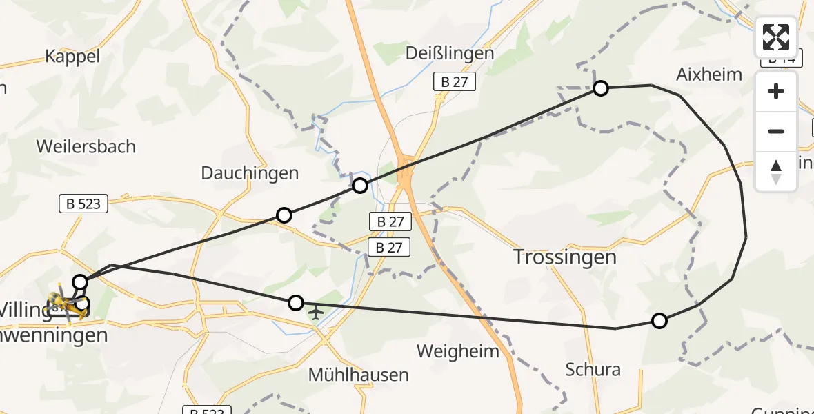 Flugroute Ambulanzhubschrauber DRF Air Rescue Station Villingen-Schwenningen Hubschrauberlandeplatz (Christoph 11) - DRF Air Rescue Station Villingen-Schwenningen Hubschrauberlandeplatz (Christoph 11), 09 Juni 2026, 12:10