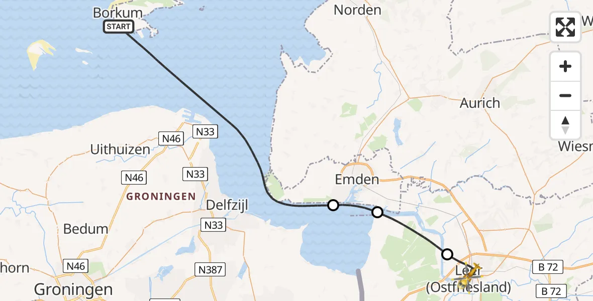 Flugroute Ambulanzhubschrauber Noordzee - Leer (Ostfriesland), 09 Juni 2026, 12:14
