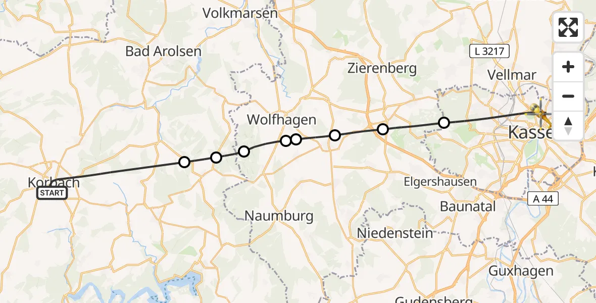 Flugroute Rettungshubschrauber Korbach - Kassel, 09 Juni 2026, 12:15