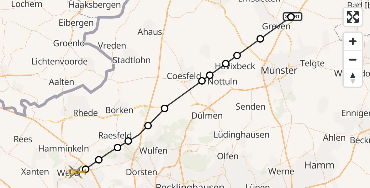 Flugroute Ambulanzhubschrauber Christoph  Westfalen-ADAC - Wesel, 09 Juni 2026, 12:15