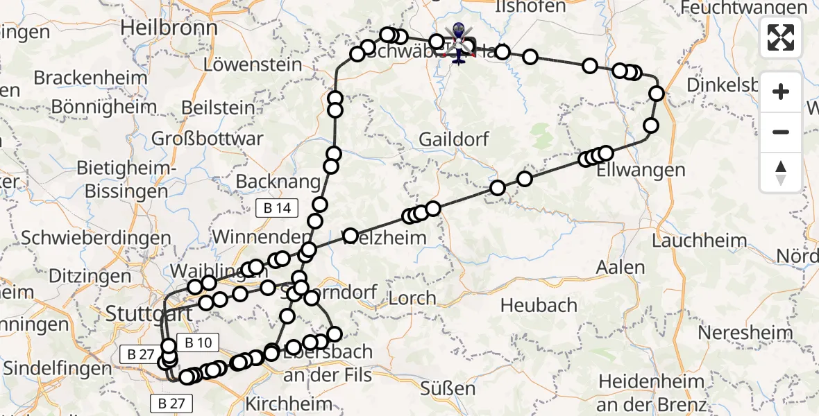 Flugroute Polizeihubschrauber Schwäbisch Hall - Adolf Würth Flughafen, 09 Juni 2026, 12:16