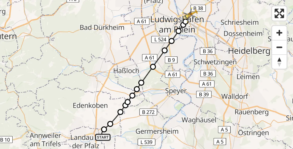 Flugroute Rettungshubschrauber Bornheim - Mannheim, 09 Juni 2026, 12:21