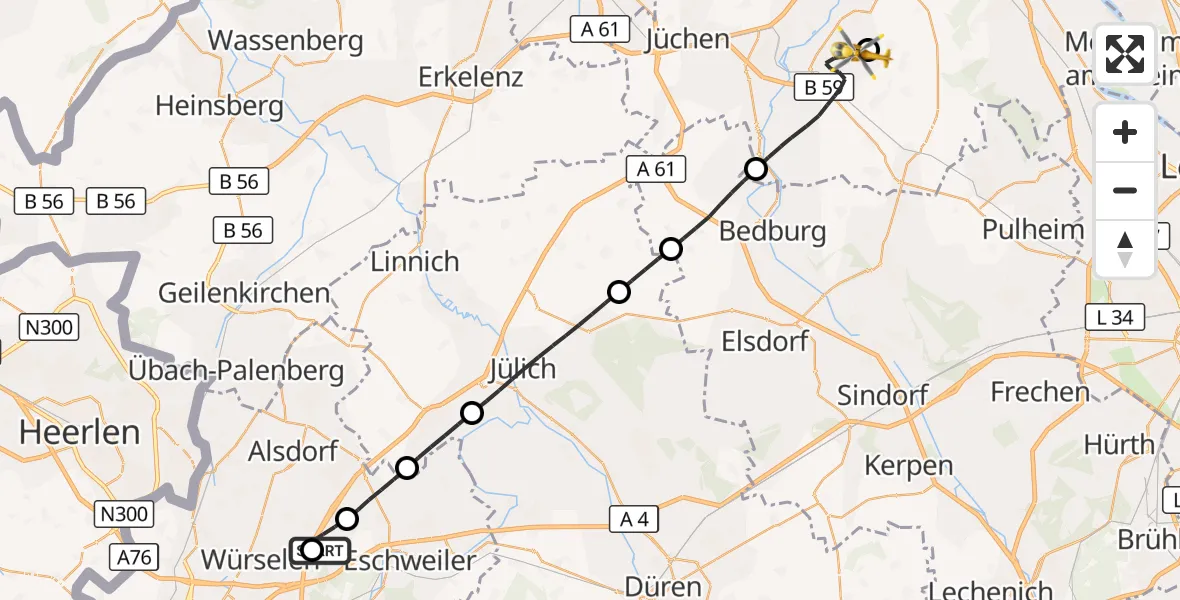 Flugroute Rettungshubschrauber Aachen-Merzbrück Flughafen - Rommerskirchen, 09 Juni 2026, 12:24