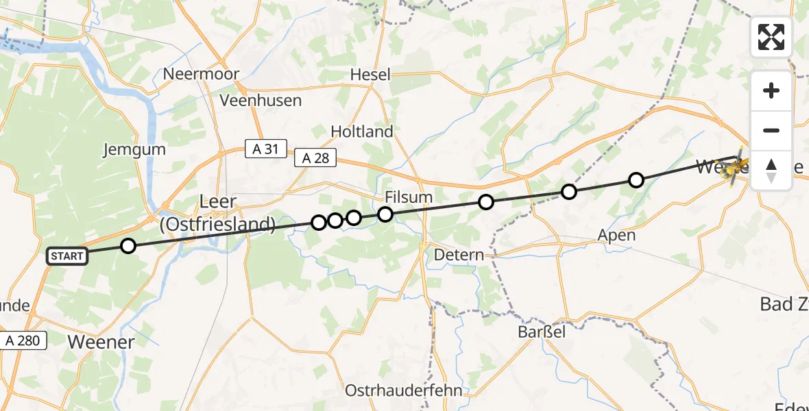 Flugroute Rettungshubschrauber Weener - Westerstede, 09 Juni 2026, 12:25