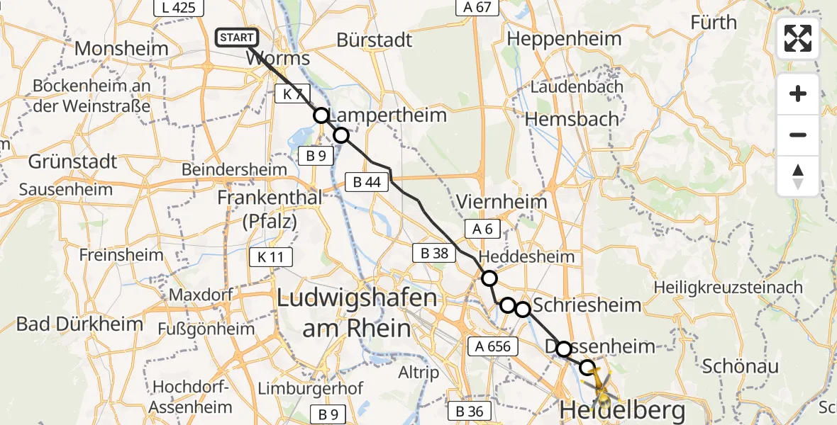 Flugroute Rettungshubschrauber Worms - Heidelberg, 09 Juni 2026, 12:26