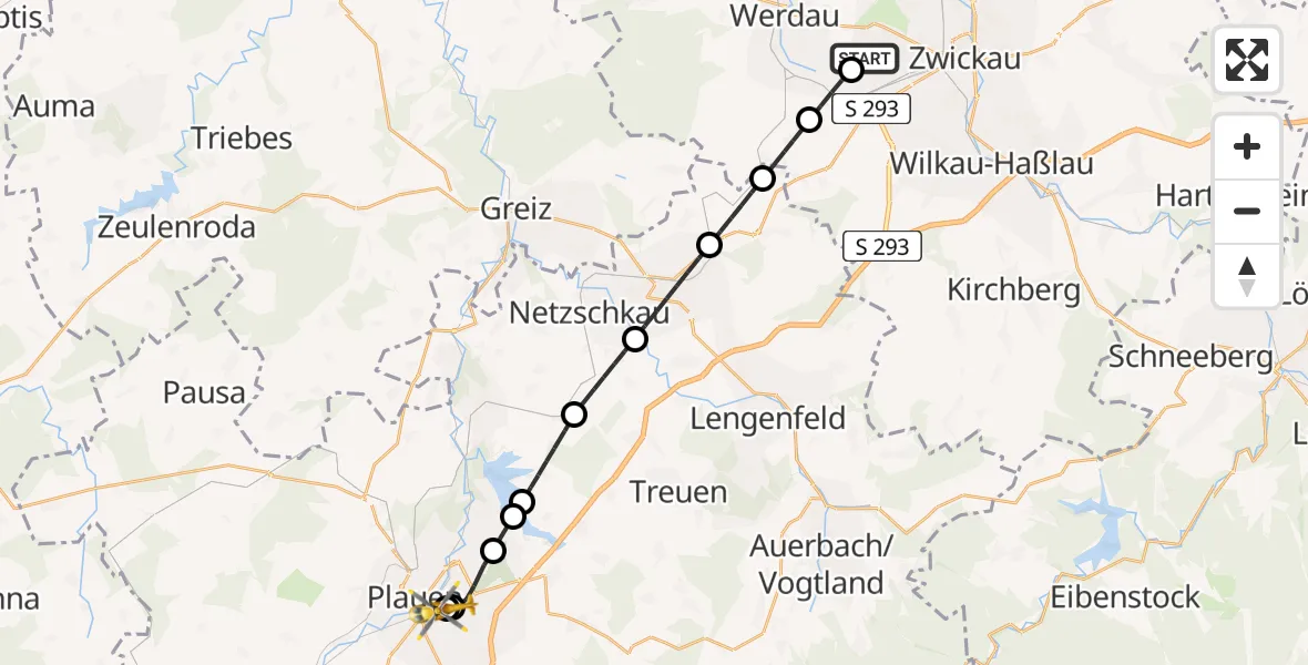 Flugroute Rettungshubschrauber ADAC Air Rescue Station Zwickau Hubschrauberlandeplatz - Helios Clinic Plauen, 09 Juni 2026, 12:27