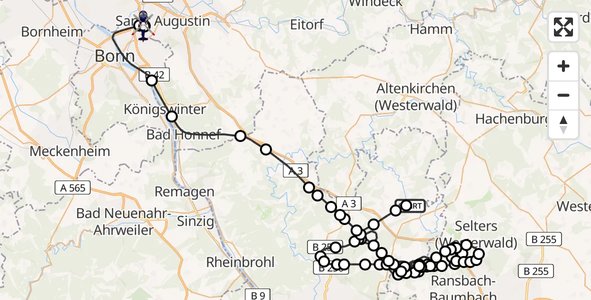 Flugroute Polizeihubschrauber Dierdorf - Sankt Augustin, 09 Juni 2026, 12:30