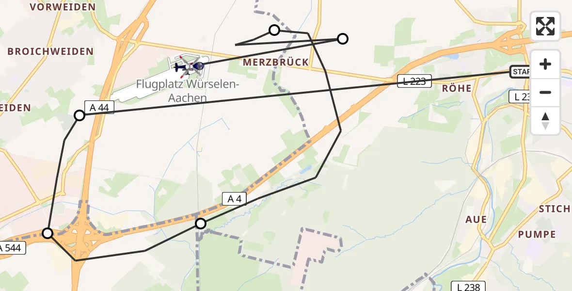 Flugroute Polizeihubschrauber Eschweiler - Aachen-Merzbrück Flughafen, 09 Juni 2026, 12:34