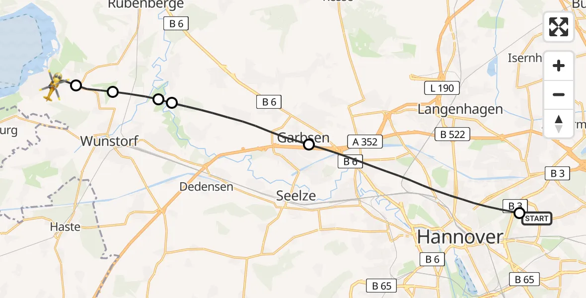 Flugroute Rettungshubschrauber Hannover Luftrettung Hubschrauberlandeplatz (Christoph 4) - Wunstorf, 09 Juni 2026, 12:36